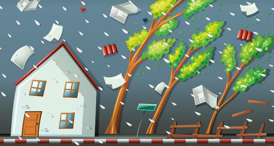 Representation of a storm affecting a house and the immediate surroundings